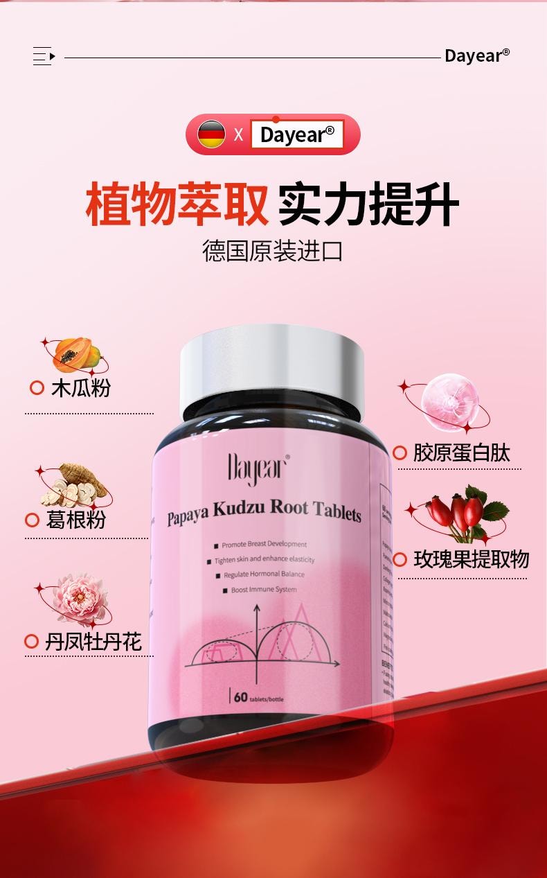 【中国直邮】 碧维斯 Dayear 木瓜葛根片60粒/盒 丰盈胶原蛋白进口小扁平女性