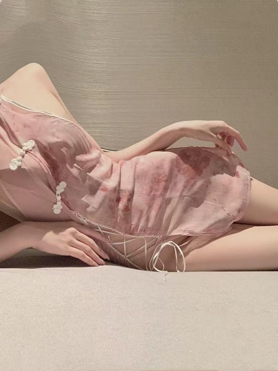 Silken Veil Charm Chinese Style Velvet Cutout Backless Crotchless Qipao Dress with Lace-Up Front One Size