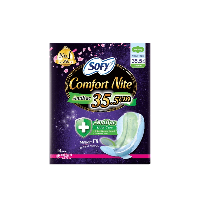 Comfort Nite AntiBac Odor Care Motion-Fit Anti Back Leakage Sim Wing Sanitary Pad  35.5cm 14pcs