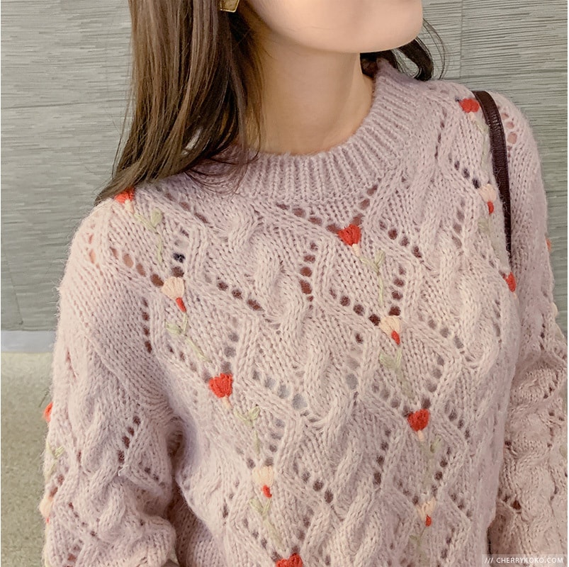 【韩国直邮】CHERRYKOKO 韩国甜美方格红心点缀针织衫 粉色 FREE