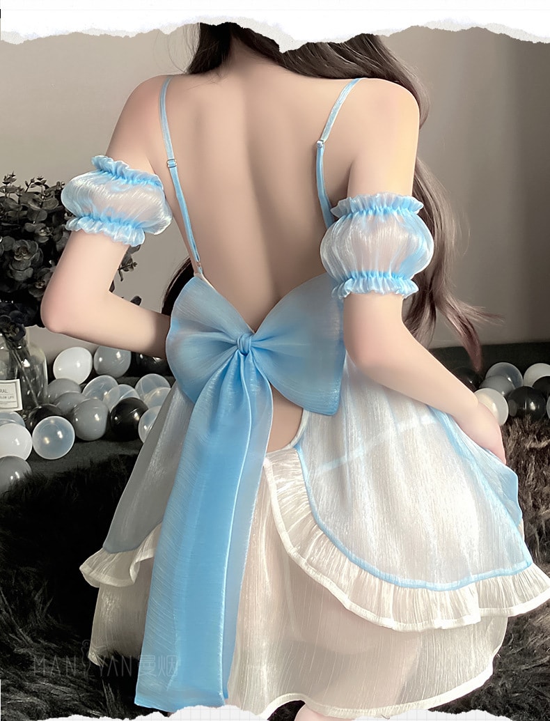 【中國直郵】曼煙 情趣內衣 性感吊帶深V珠光柔紗可愛女僕裝 藍色均碼(不含絲襪)