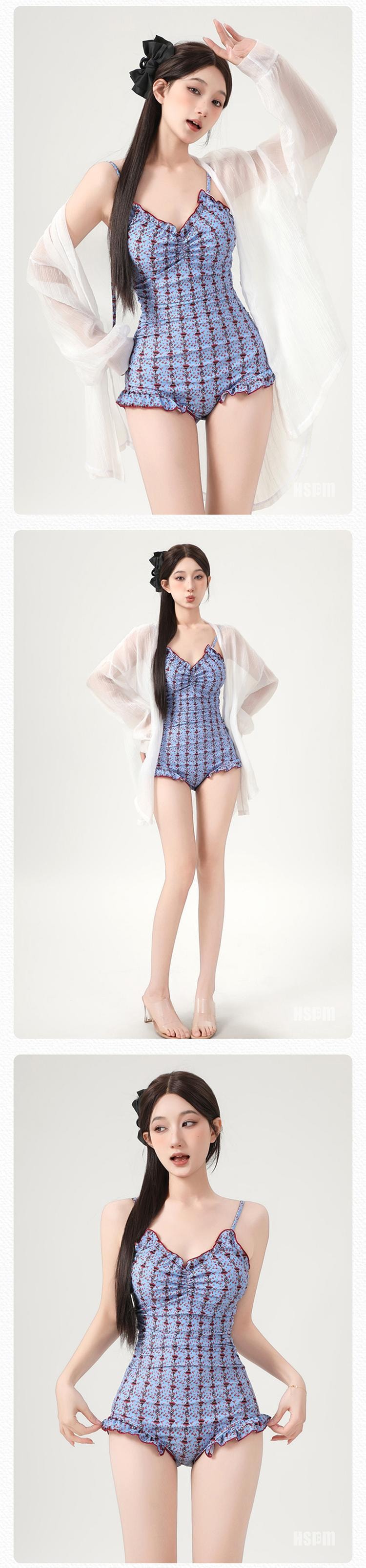 【中國直郵】 HSPM 新款甜美純欲風連身吊帶泳衣開襟衫套裝 藍色+罩衫 M