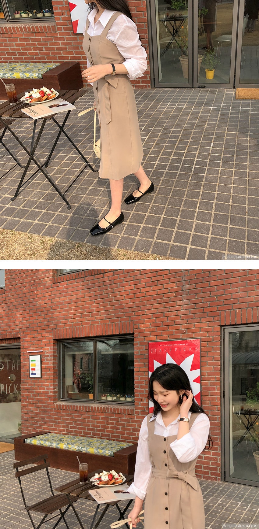 【韩国直邮】CHERRYKOKO 时尚学院气质高腰纽扣系带背带休闲连衣裙 黑色 均码