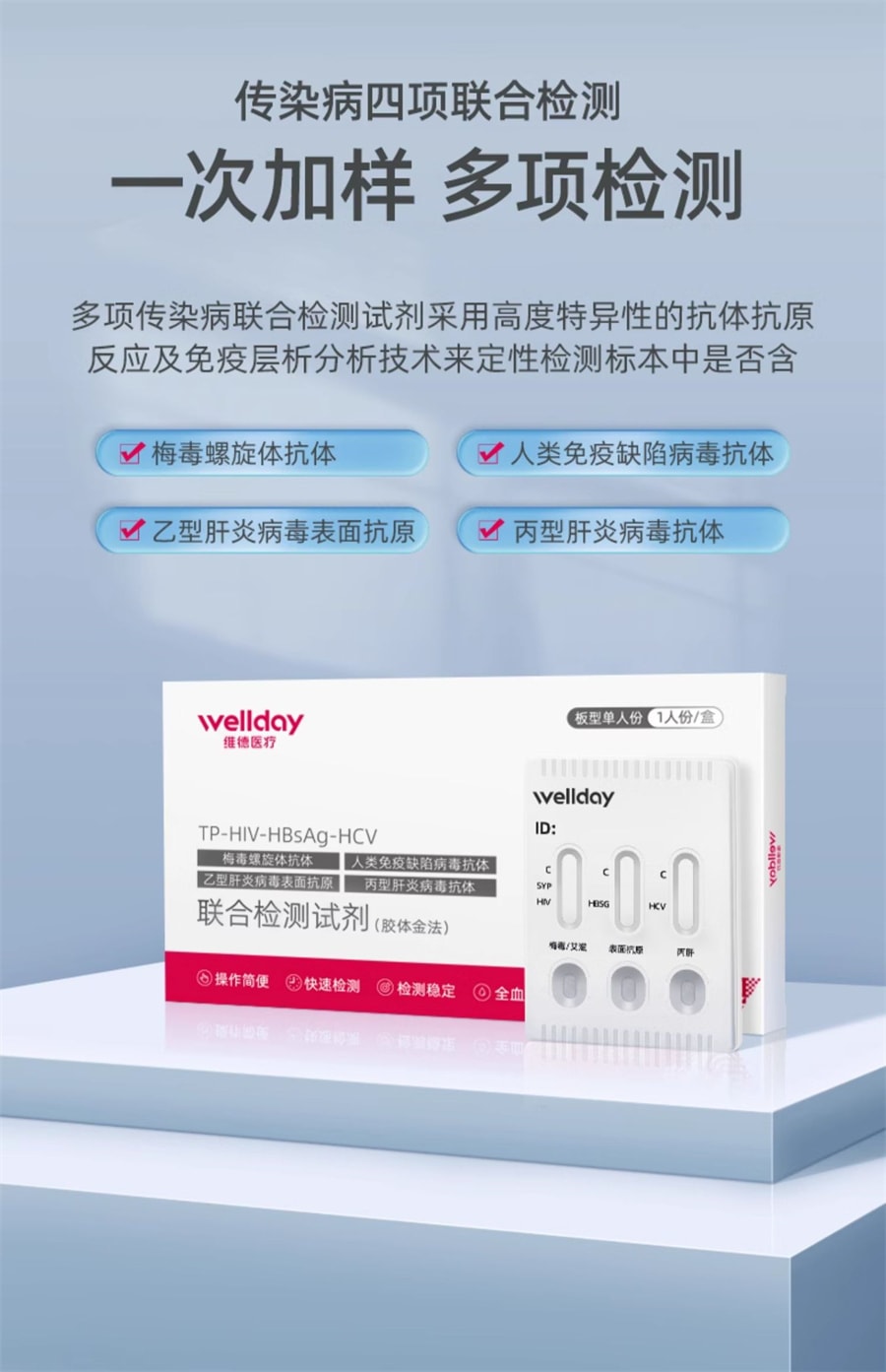 【中国直邮】维德医疗  hiv检测纸艾滋病梅毒乙肝性病血唾液自检艾滋病测试纸四合一  1人份/盒