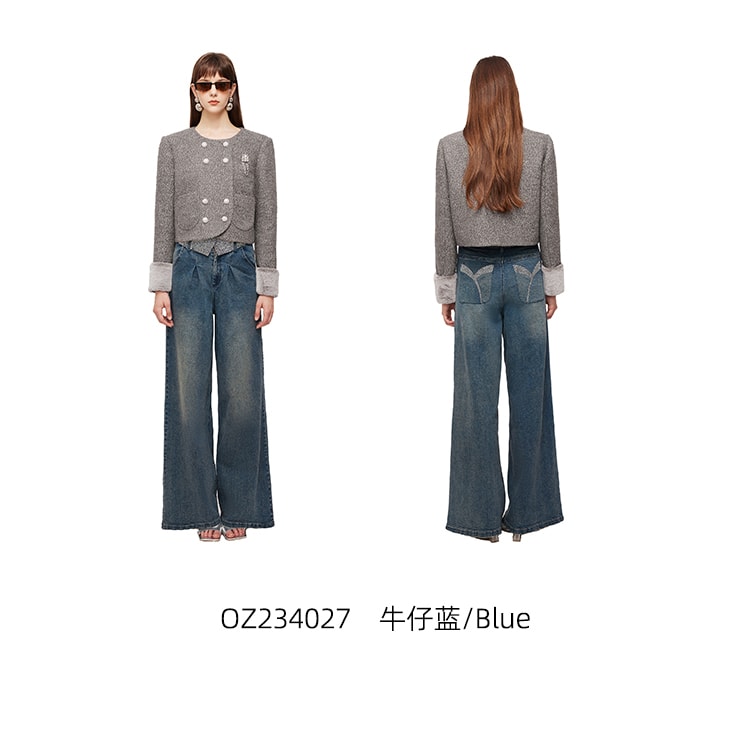 【中國直郵】OZLN 早秋新品設計款百搭顯瘦翻褶腰飾直筒闊腿牛仔褲 S