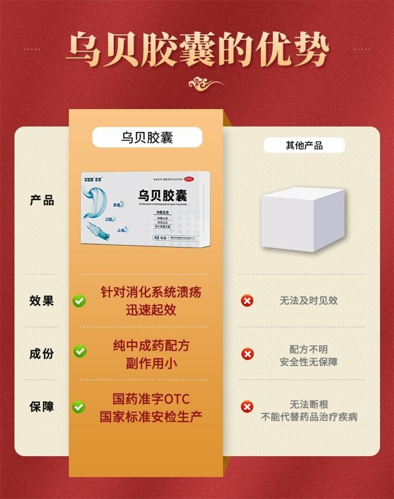 【中國直郵】 德多 烏貝膠囊 胃藥中成藥胃病胃痛泛酸胃疼胃潰瘍制酸止痛膠囊 0.5g*48粒*3盒