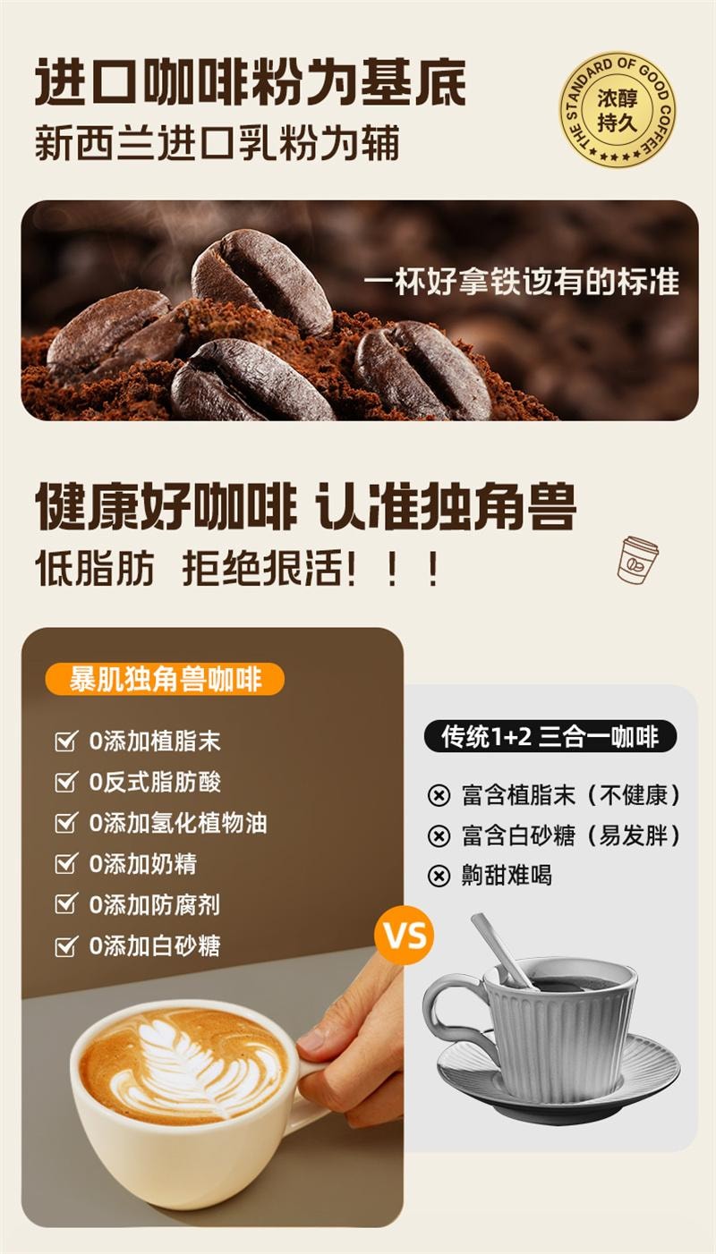 【中國直郵】 暴肌獨角獸 輕雲拿鐵咖啡三合一奶香減0植脂末低脂進口即溶咖啡粉 燕麥*30杯