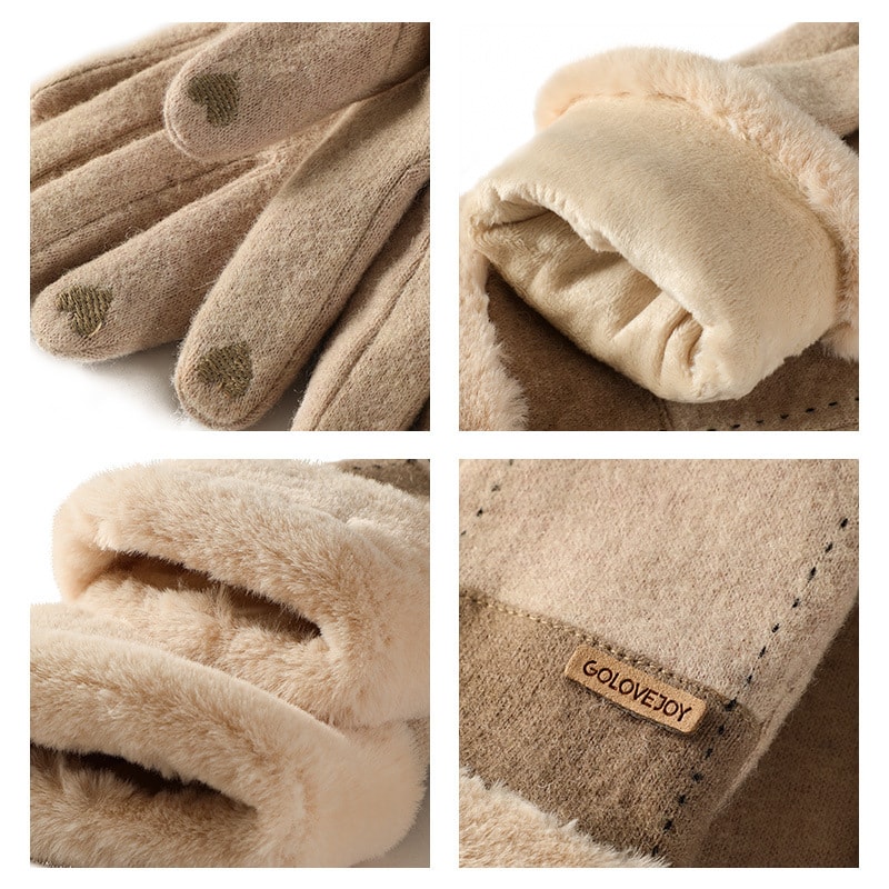 冬季羊绒手套 加绒加厚 触屏保暖手套 卡其 1双