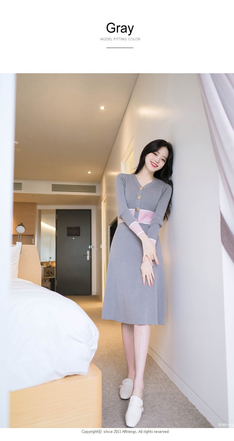 【韩国直邮】ATTRANGS 韩国性感女人味V领高腰修身针织连衣裙 灰色 均码