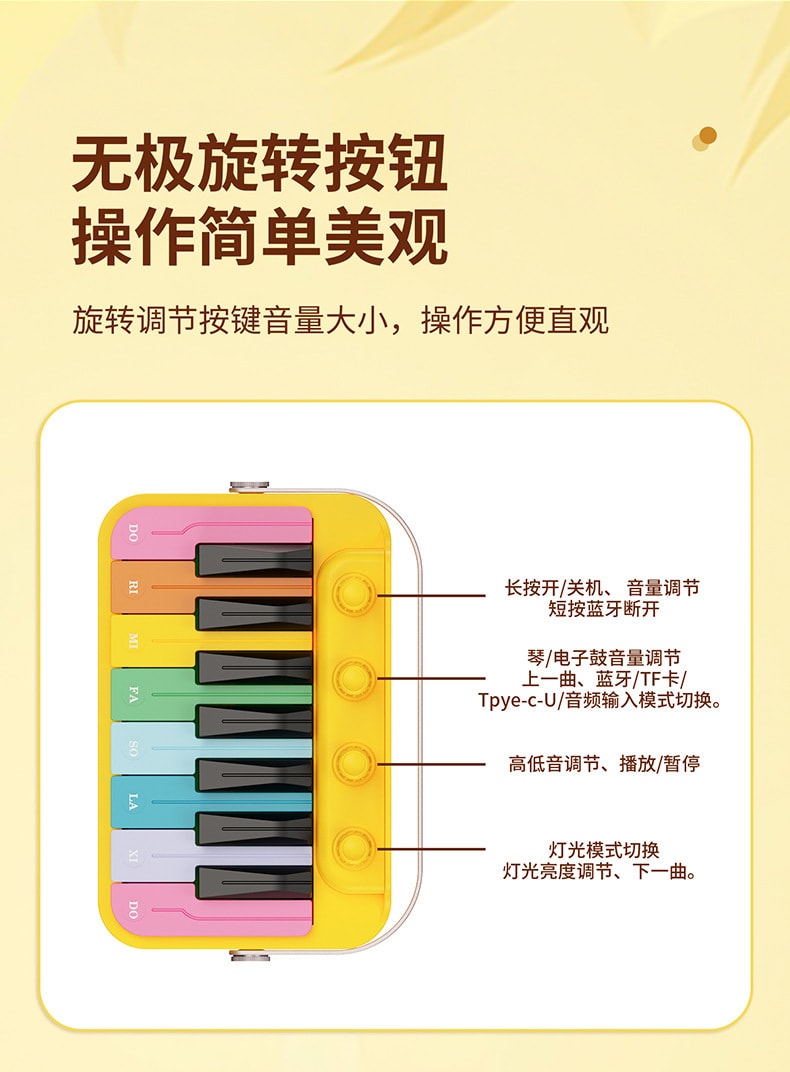【中国直邮】CNON潮弄   钢琴蓝牙音箱便携式摆件氛围夜灯可弹奏蓝牙音响  黄色