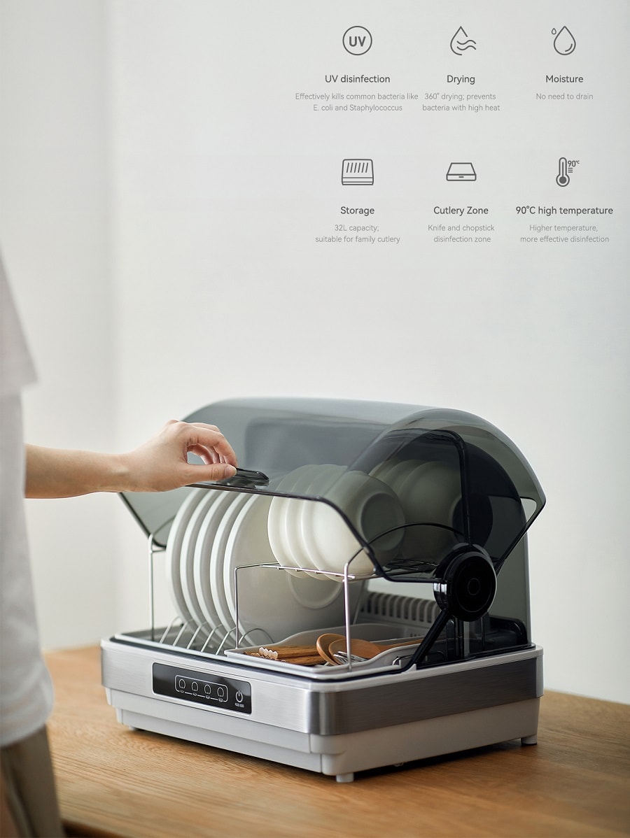 White Kitchen Dish Sterilizer Tableware Dryer Compact 42L Countertop Model For Home Use 100~120V Wide Voltage