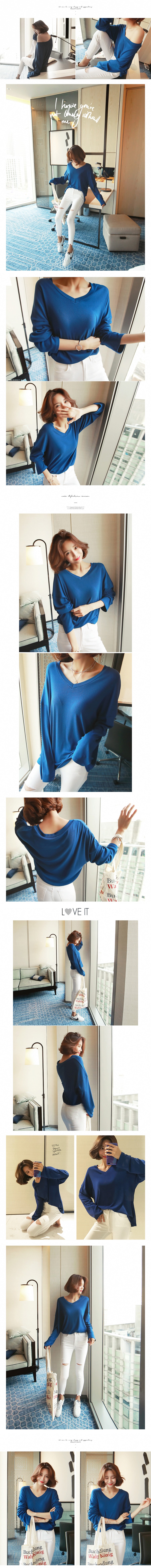 KOREA V-Neck Loose T-Shirt #Cobalt Blue One Size(Free) [Free Shipping]