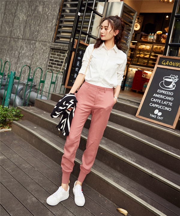 Rubber Pink Middle Waist Casual Trousers Pants for Women XS