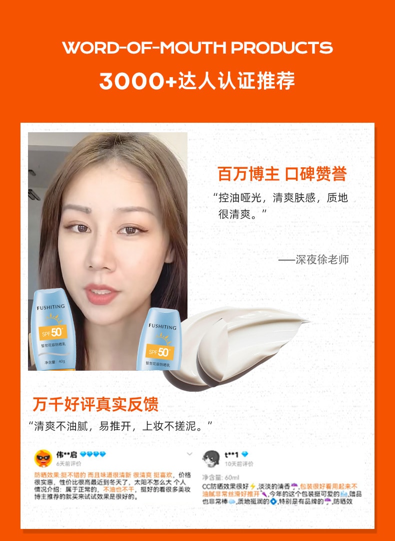 【中國直郵】芙詩婷 全身可用 防紫外線防水保濕不油膩防曬乳40g