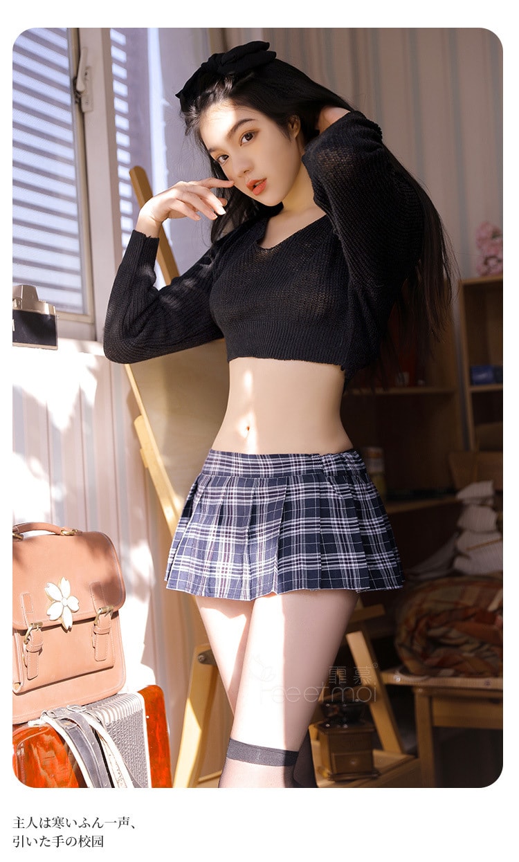 中國 霏慕 小短裙JK學生裝製服毛衣性感套裝均碼 白+粉格