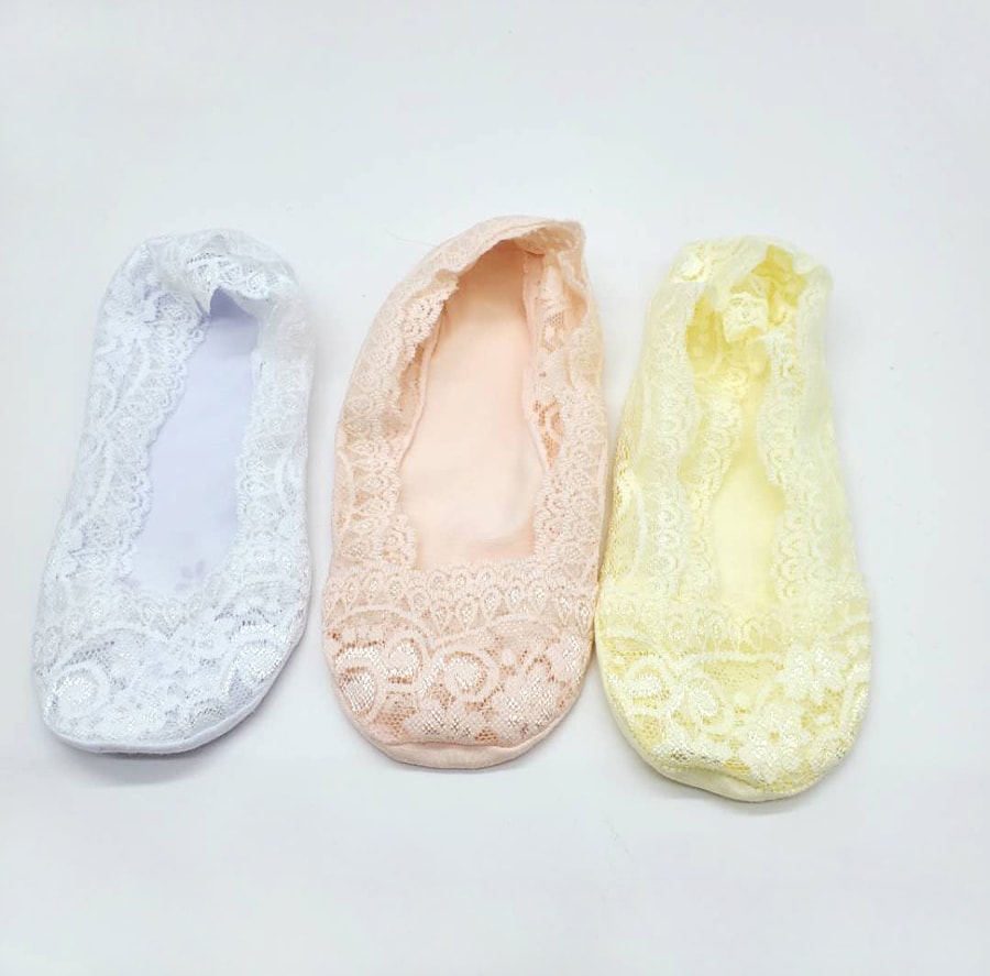 Selection Summer Women's Pure Cotton Lace Boat Socks Silicone Sole Slip 3 Pairs Yellow White Pink