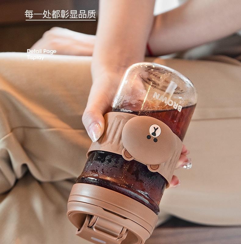 【中国直邮】LINE  FRIENDS   玻璃吸管杯布朗熊高颜值夏季儿童水杯咖啡果汁杯双饮便携杯子   580ml