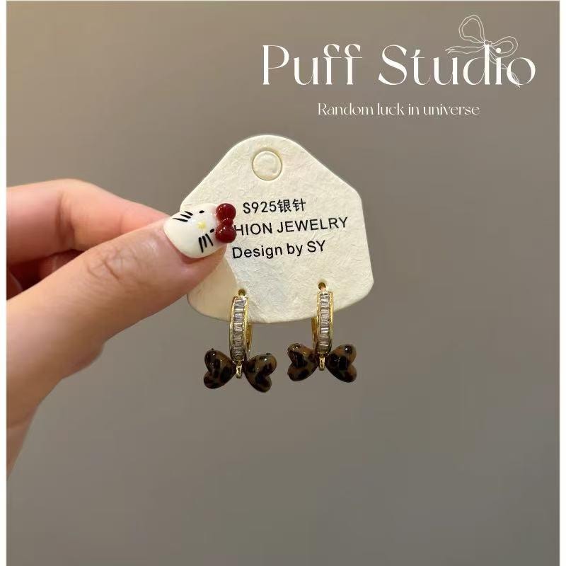  甄选好物 甜酷豹纹蝴蝶结满钻耳扣精致设计时尚ins925银针耳环  1对