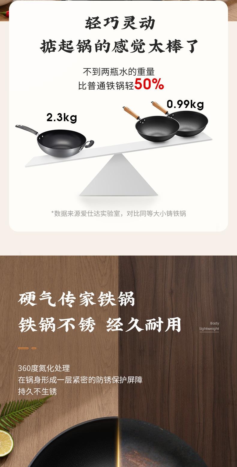 爱仕达 无涂层锈不了轻量爆炒精铁锅32cm