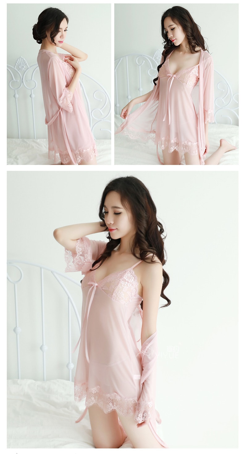 【中國直郵】宜約 蕾絲性感睡衣透視裝網紗吊帶睡裙 淡粉色四件套 均碼