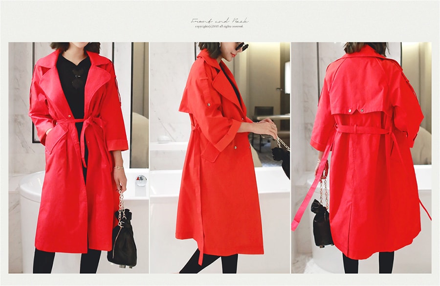 [KOREA] Roll-Up Sleeve Long Trench Coat Windbreaker Jacket #Red One Size(S-M) [免费配送]