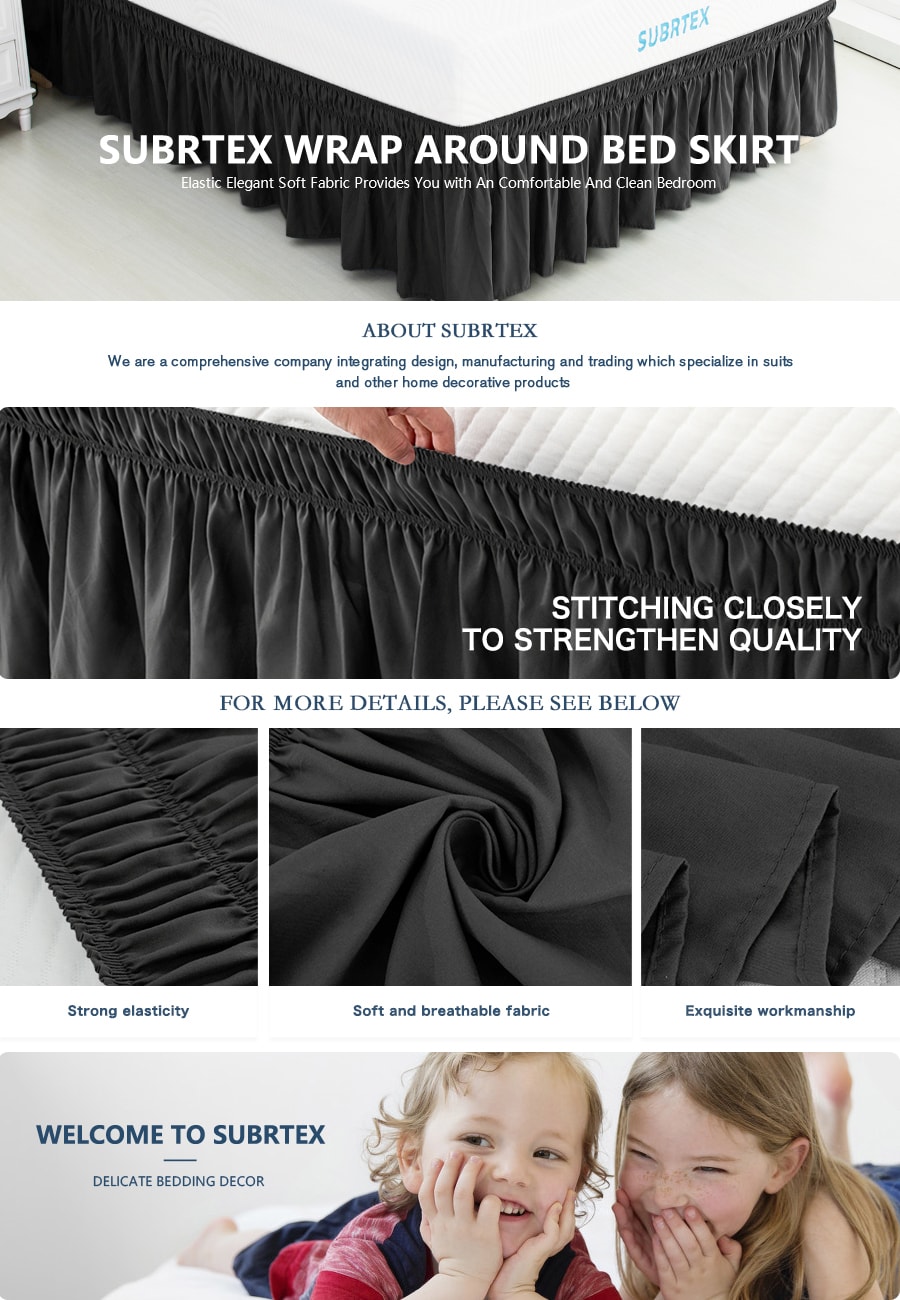 Wrap Around Bed Skirt Elastic Elegant Soft Fabric Ruffled Fade Resistant Replaceable (Full Black)