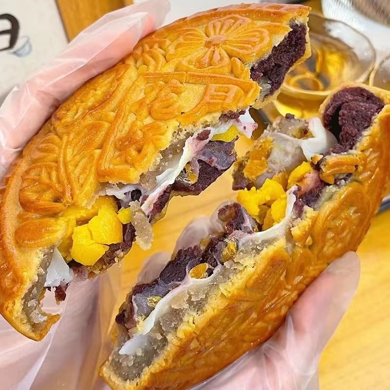 中国 一品紫禁 潮汕麻薯大月饼 紫薯芋泥麻薯陷 单粒 礼袋装 520克 中秋节龙凤呈祥图案 精制糕点