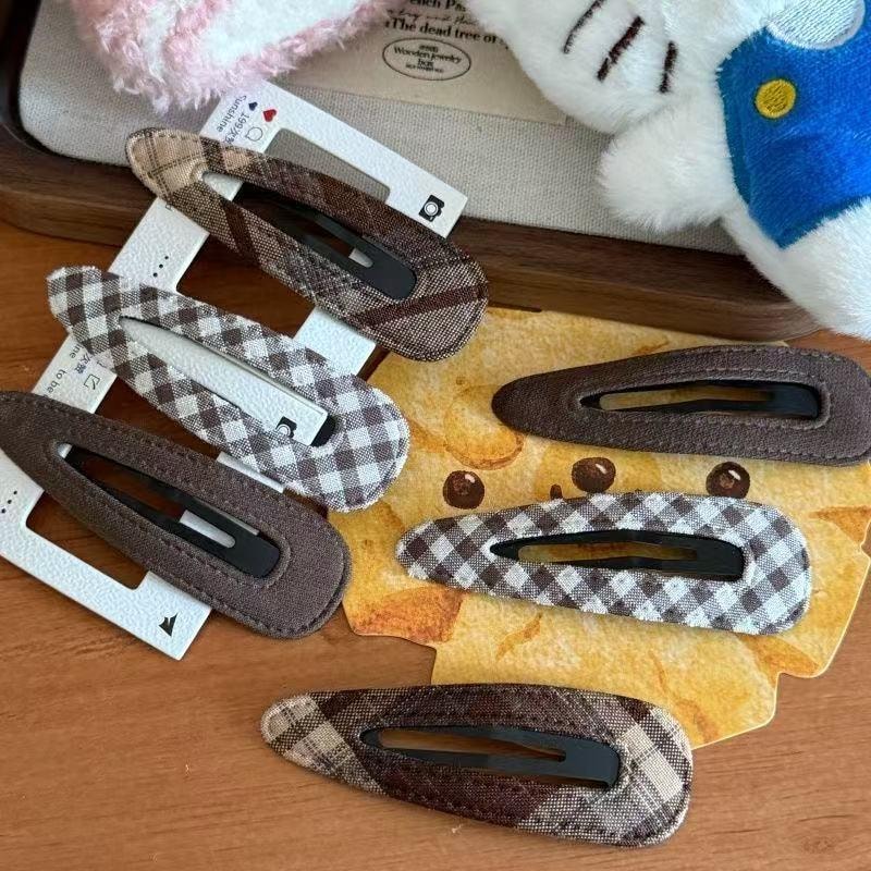 甄选好物 3个装韩版时尚甜美少女心咖色格纹布艺水滴BB夹简约百搭 3个