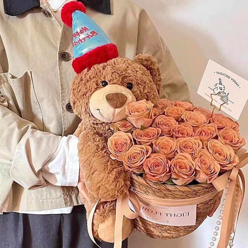 【中国直邮】 FOXTAIL 小熊玩偶抱抱桶花束 永生花 生日礼物 派对聚会 女友闺蜜七夕情人节礼物-冰蓝色1个*|预计到达时间3-4周