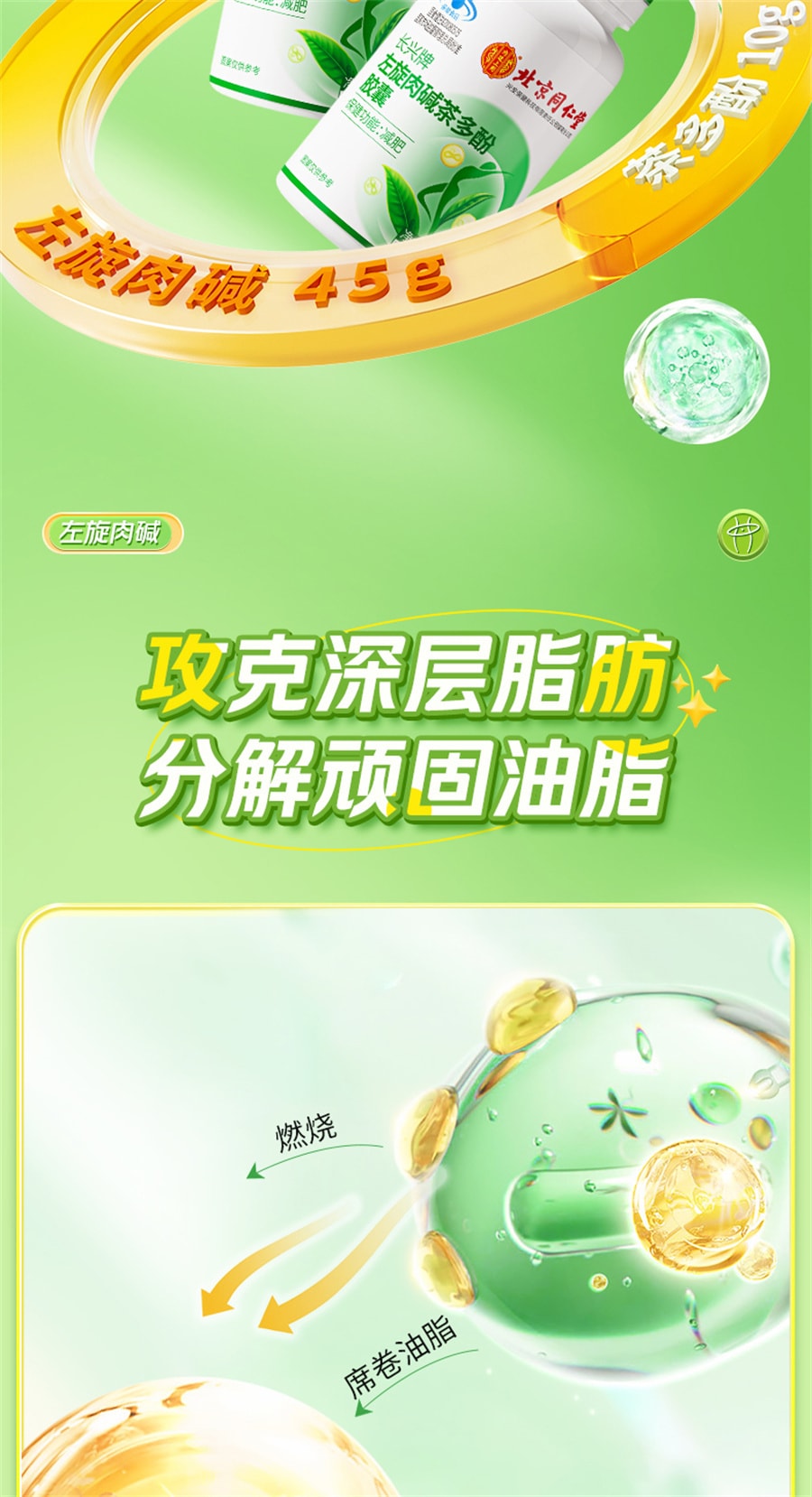 【中國直郵】 北京同仁堂 左旋肉鹼茶多酚膠囊減肥排油燃脂瘦身左旋肉鹼減肥專用 40粒/罐