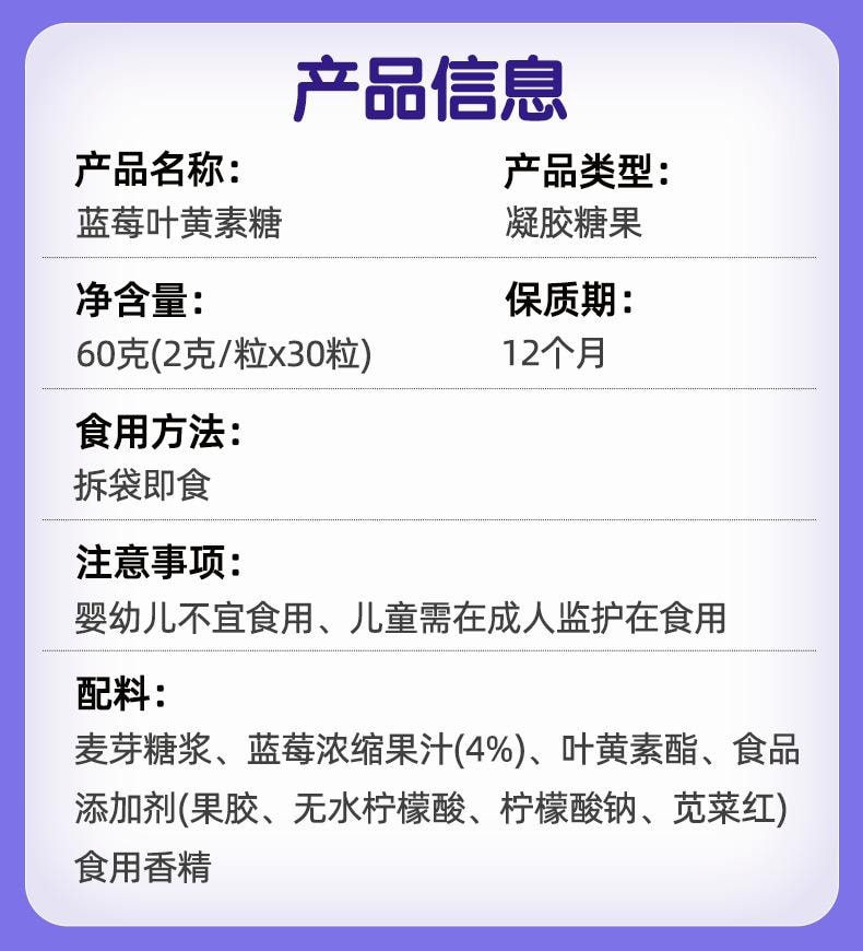 南京同仁堂 蓝莓叶黄素软糖【护眼软糖 16种果蔬营养】改善用眼过度 熬夜学习 长刷手机的眼部疲劳 保护视力叶黄素凝胶糖果 60g/瓶