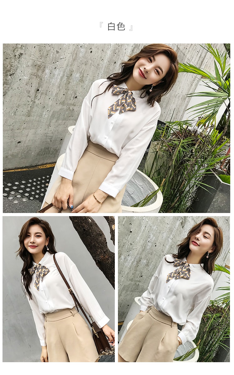 CARRIE&KATE【Designer Style】2019 NEW Spring Pure color Leisure Geometric pattern butterfly knot women's shirt White/L