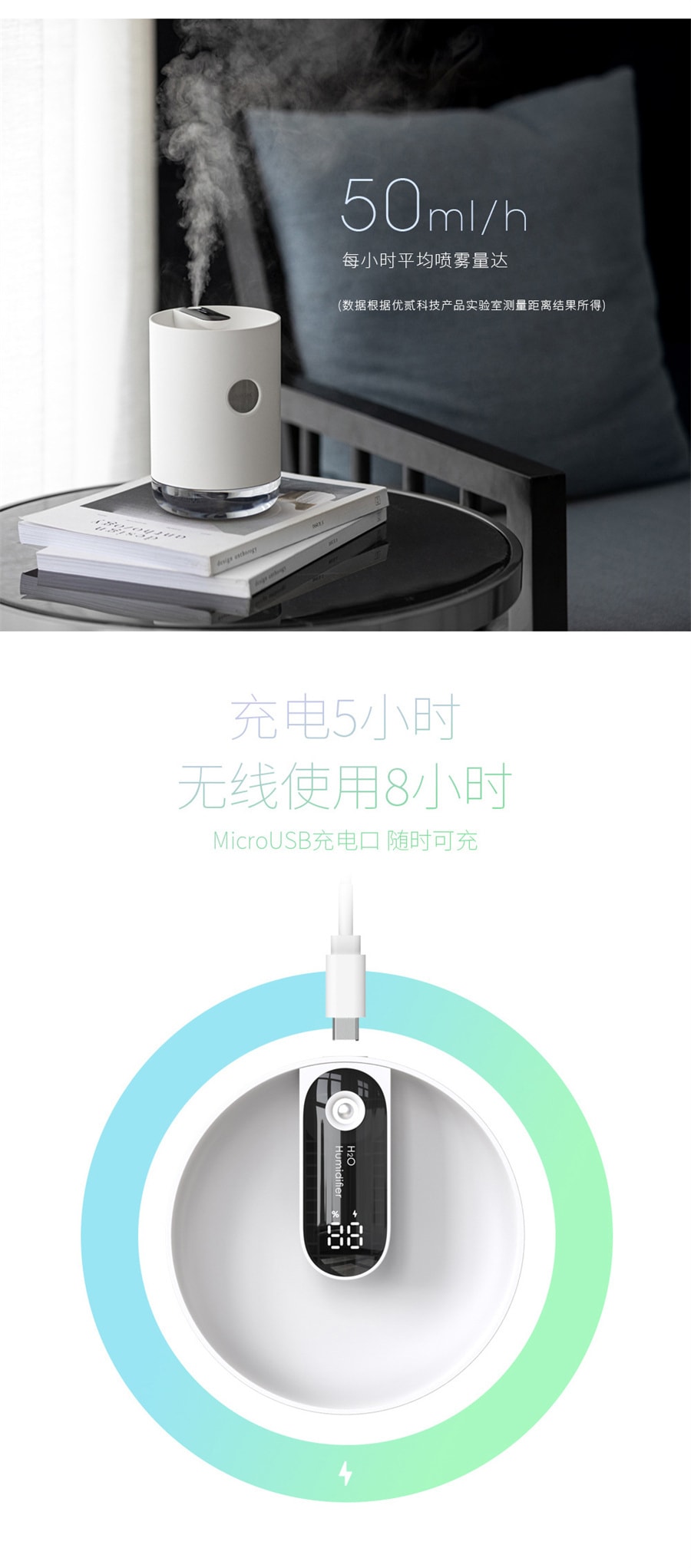 【中國直郵】水韻創意USB充電加濕器 辦公室家用桌面珍珠白款