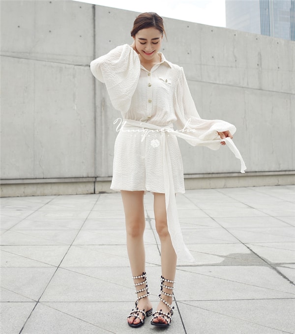 Women's White Lantern Sleeve Silk Rompers Jumpsuits Shorts with Belt M