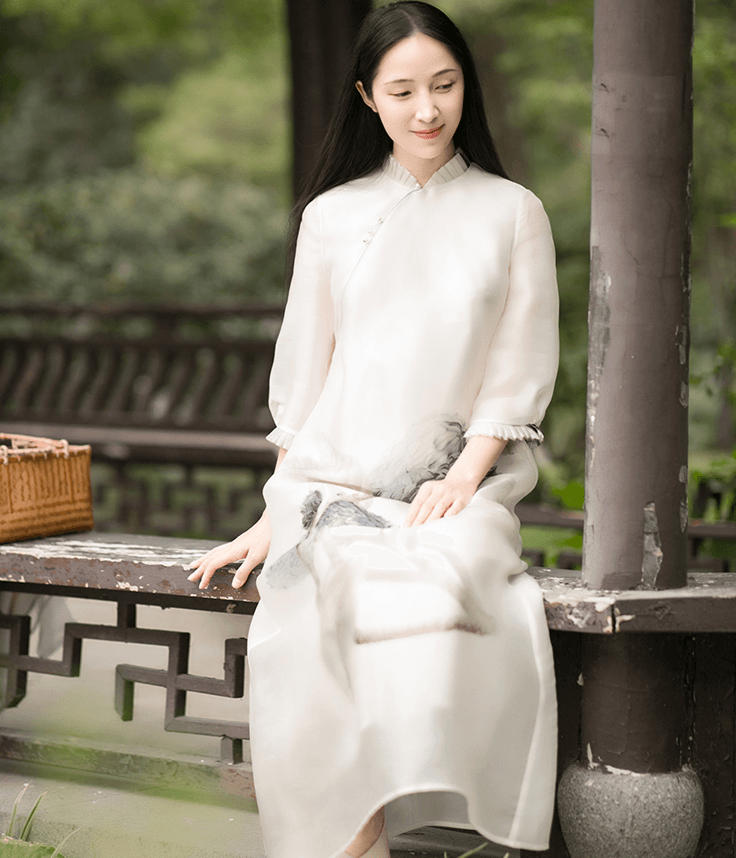 China Direct Mail 2019 Tang Chinese Style Women's Retro Print Pleated Dress White # 1 piece