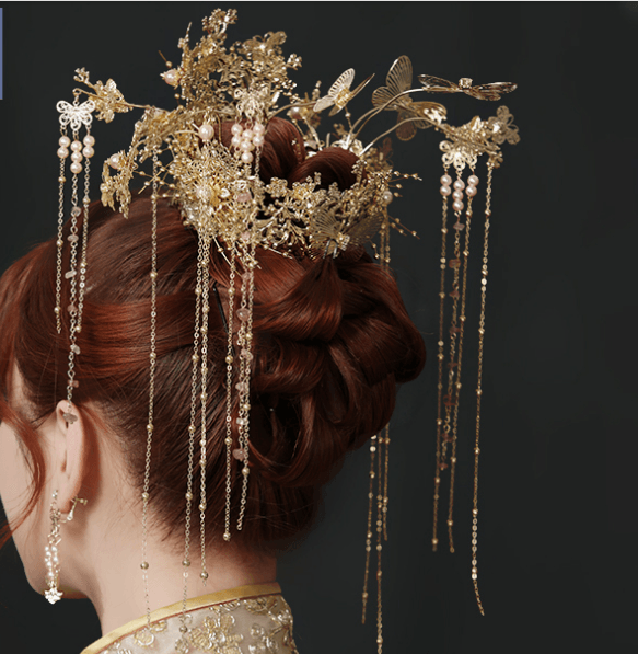 China Direct Mail 2019 Chinese style bride Chinese style headdress golden vintage fringed hair bun golden#1piece
