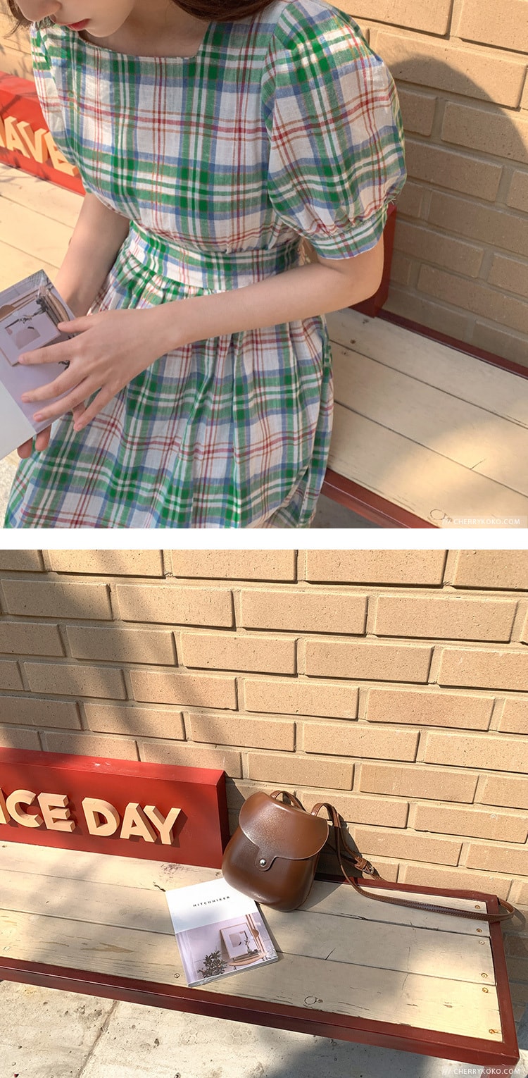 【韩国直邮】CHERRYKOKO 学院复古收腰蝴蝶结格纹亚麻舒适连衣裙 绿色 均码