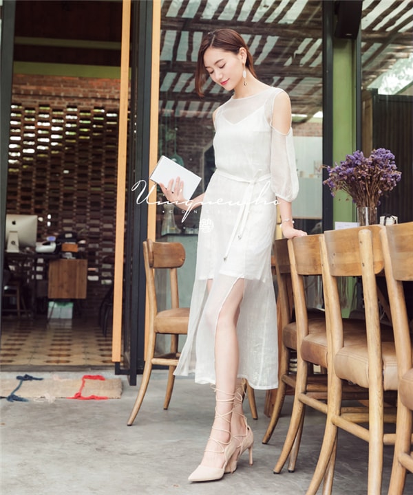 Ladies Women Simple Elegant White Mid-Calf Silk Dress with Sling Dress Two-piece Set XS