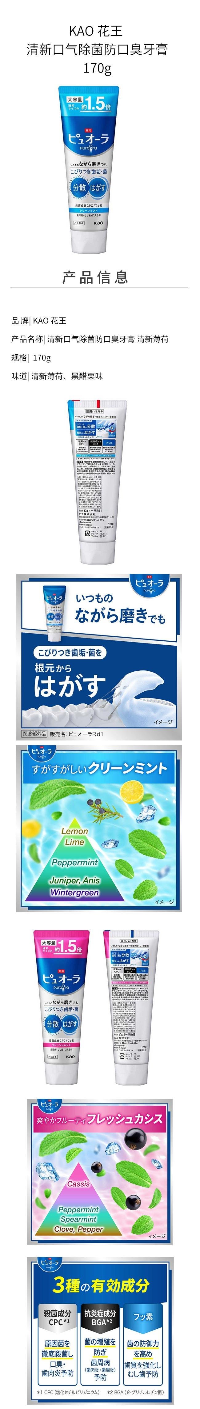 【日本直邮】KAO 花王 清新口气除菌防口臭牙膏 黑醋栗味 170g