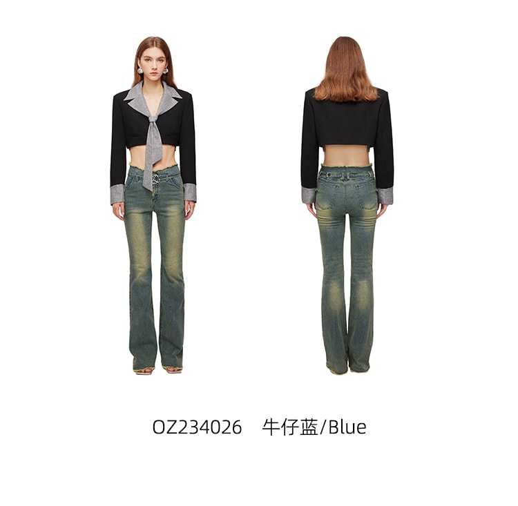 【中國直郵】OZLN 早秋新品弧形腰線經典復古高腰修身顯瘦直筒牛仔褲 S