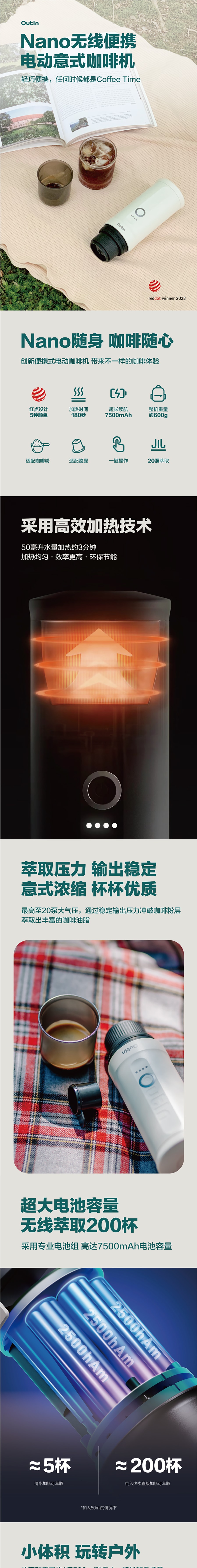【美國】Outin 便攜式電動咖啡機 義式咖啡機 3-4 分鐘自加熱 珍珠白
