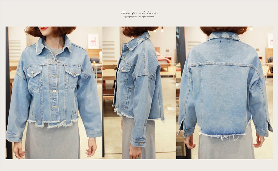 KOREA Frayed Distressed Denim Jacket #Light Blue One Size(S-M) [Free Shipping]