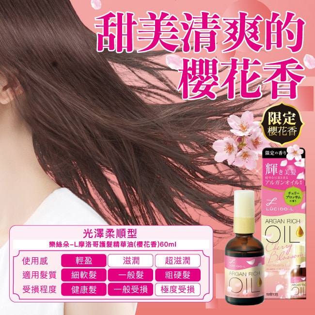 日本LUCIDO-L樂絲朵 摩洛哥護髮精油 櫻花限定款 60ml
