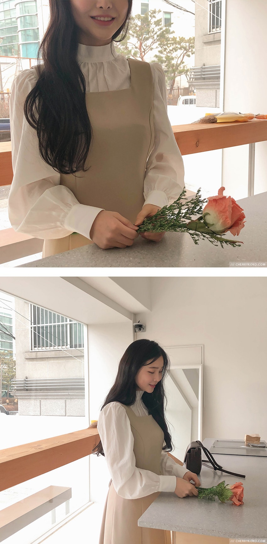【韩国直邮】CHERRYKOKO 韩国甜美高领泡泡袖雪纺衬衫 米色 均码