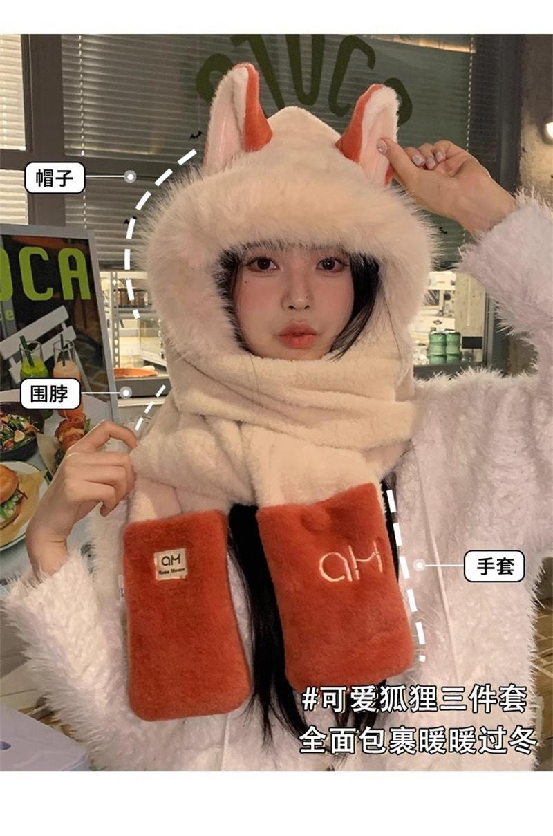 FOXTAIL 毛茸茸火狐狸一体帽 帽子 围巾 手套 冬季 保暖 防风 围脖 连帽 1个