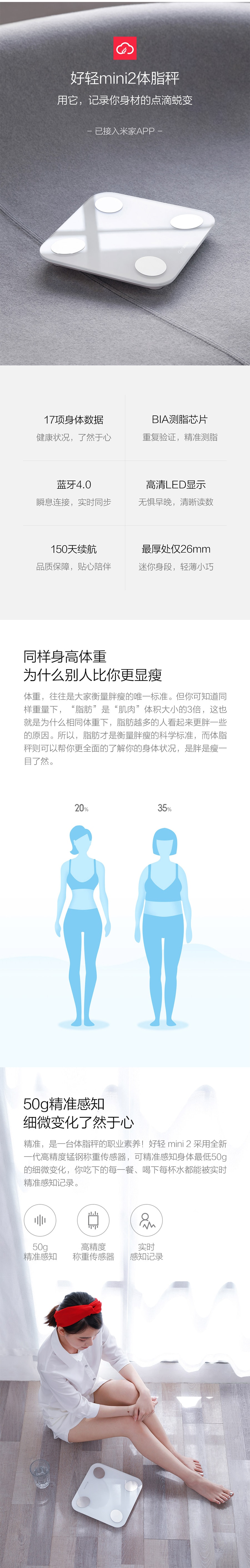 【中国直邮】小米有品 云麦好轻mini2 智能体脂秤
