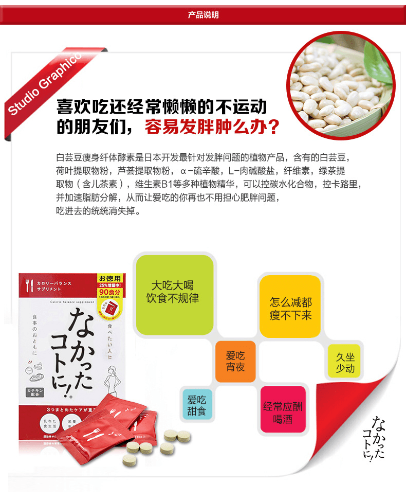 【日本直邮】GRAPHICO 爱吃的秘密 脂肪消失白芸豆热控减肥片 增量版 90食分 270粒入