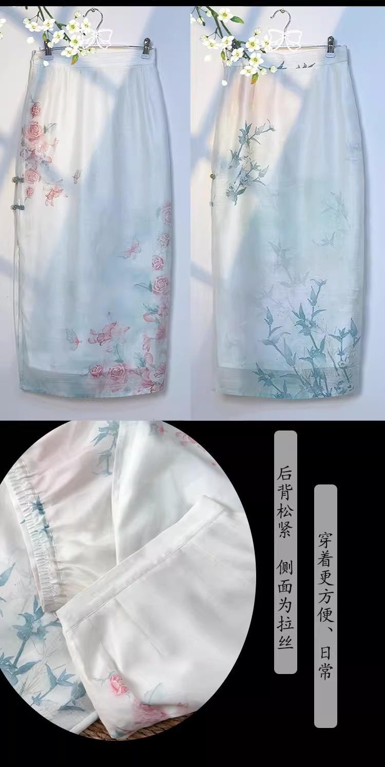 【中国直邮】 FOXTAIL 重工刺绣新中式国风汉服 清汉 女印花 渐变 套装 复古  -蓝色 M码 1套