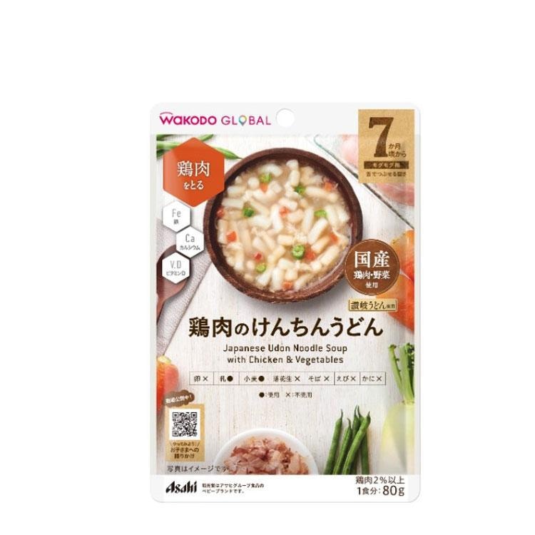 【日本直郵】WAKODO和光堂 7月+寶寶輔食 高級系列 鰹魚湯燉雞肉蔬菜烏龍麵 80g