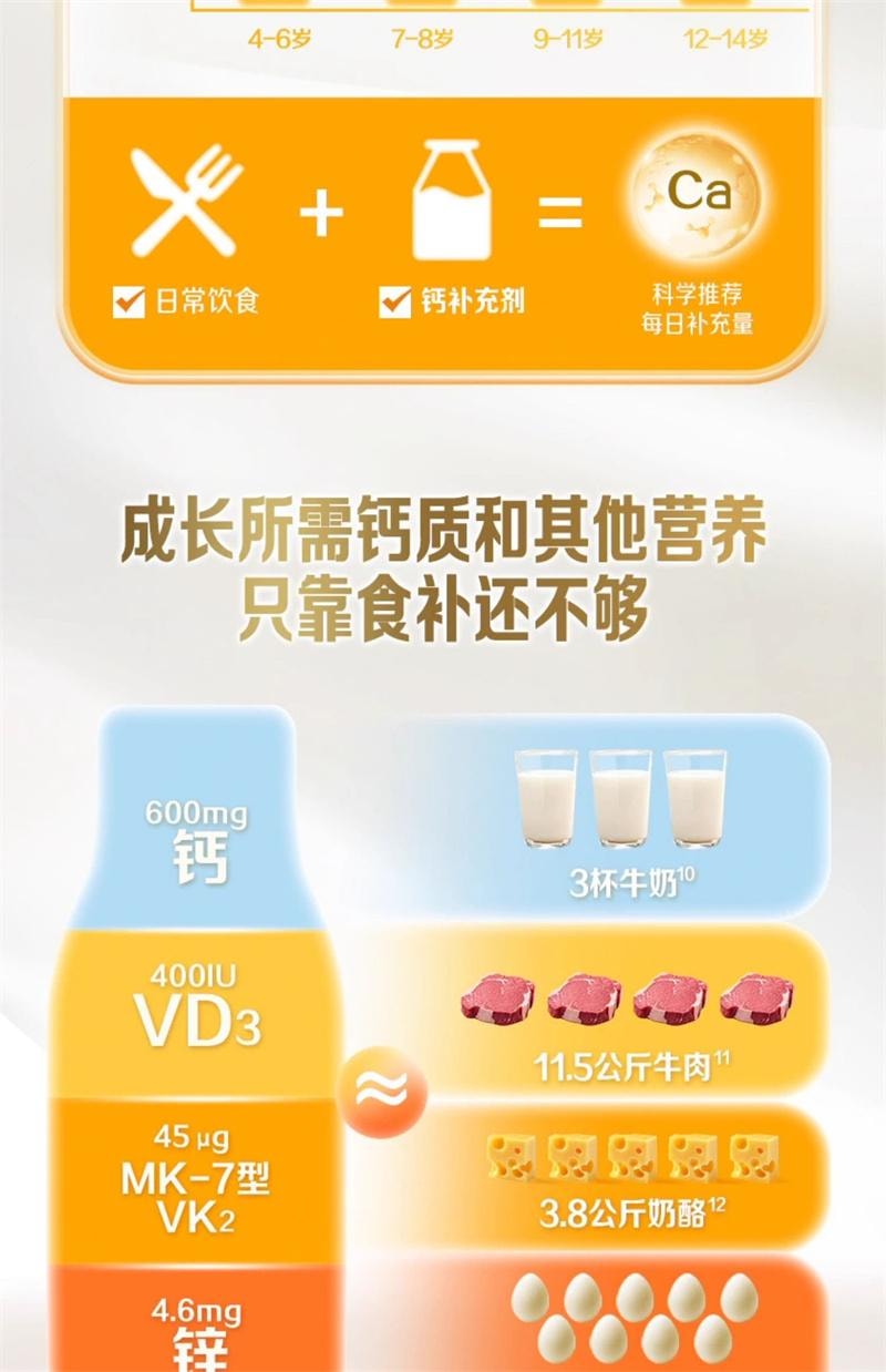 【中国直邮】 钙尔奇 钙镁维生素D咀嚼片11-17岁青少年儿童成长钙片6岁以上维生素d补钙正品100粒/盒(建议3盒周期装)